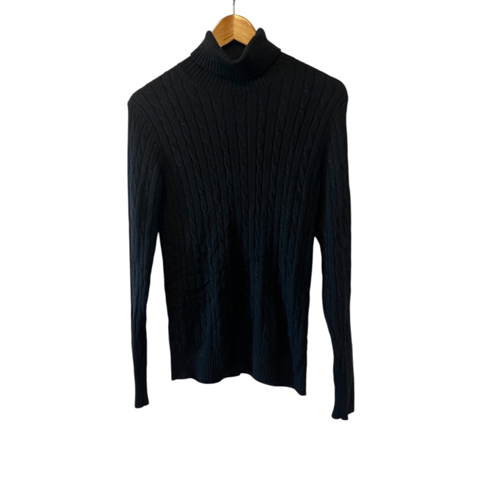 TOMMY HILFIGER Wool Alpaca Blend Black Cable Knit Fitted Turtleneck Sweater L